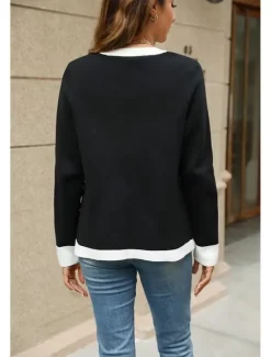 New Women's Cardigan Fashion Daily Color Block V Neck Knitted Long Sleeve Regular Tops Knit Work White / Black Hot Pink Fall Winter Women Cardigans & Outerwears
