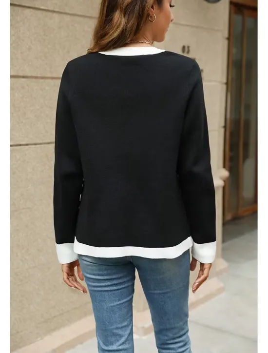 New Women's Cardigan Fashion Daily Color Block V Neck Knitted Long Sleeve Regular Tops Knit Work White / Black Hot Pink Fall Winter Women Cardigans & Outerwears