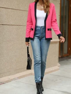 New Women's Cardigan Fashion Daily Color Block V Neck Knitted Long Sleeve Regular Tops Knit Work White / Black Hot Pink Fall Winter Women Cardigans & Outerwears