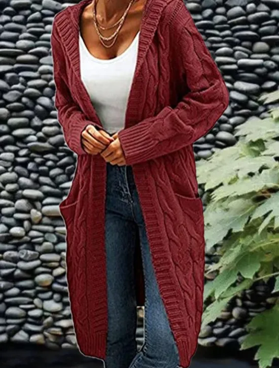 Clearance Women's Cardigan Fashion Streetwear Casual Solid Color Cable Hooded Pocket Knitted Long Sleeve Regular Tops Knit Outdoor Daily Going out Wine Army Green Fall Winter Women Cardigans & Outerwears