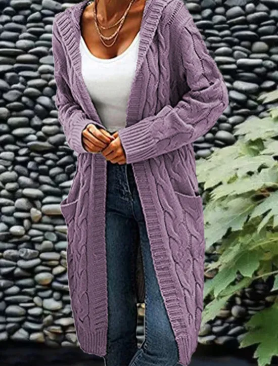 Clearance Women's Cardigan Fashion Streetwear Casual Solid Color Cable Hooded Pocket Knitted Long Sleeve Regular Tops Knit Outdoor Daily Going out Wine Army Green Fall Winter Women Cardigans & Outerwears