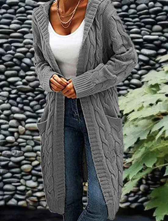 Clearance Women's Cardigan Fashion Streetwear Casual Solid Color Cable Hooded Pocket Knitted Long Sleeve Regular Tops Knit Outdoor Daily Going out Wine Army Green Fall Winter Women Cardigans & Outerwears