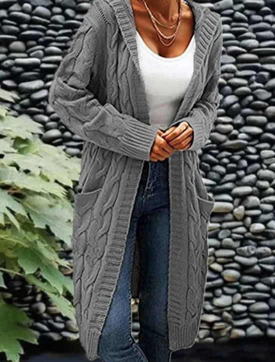 Clearance Women's Cardigan Fashion Streetwear Casual Solid Color Cable Hooded Pocket Knitted Long Sleeve Regular Tops Knit Outdoor Daily Going out Wine Army Green Fall Winter Women Cardigans & Outerwears
