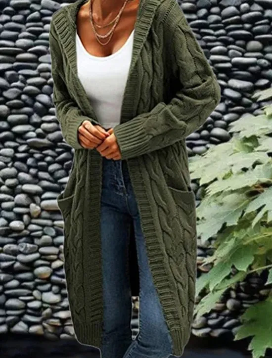 Clearance Women's Cardigan Fashion Streetwear Casual Solid Color Cable Hooded Pocket Knitted Long Sleeve Regular Tops Knit Outdoor Daily Going out Wine Army Green Fall Winter Women Cardigans & Outerwears
