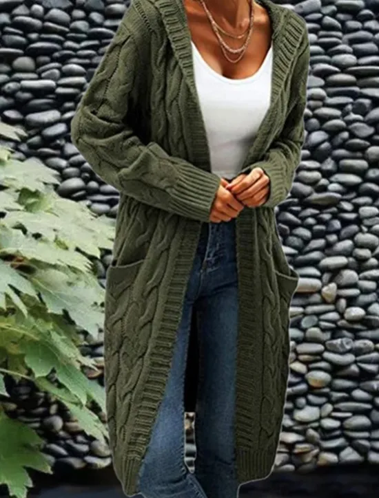 Clearance Women's Cardigan Fashion Streetwear Casual Solid Color Cable Hooded Pocket Knitted Long Sleeve Regular Tops Knit Outdoor Daily Going out Wine Army Green Fall Winter Women Cardigans & Outerwears