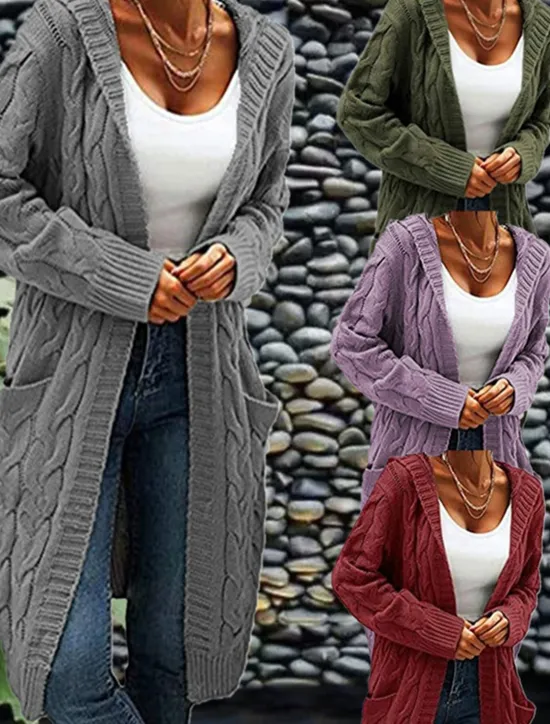 Clearance Women's Cardigan Fashion Streetwear Casual Solid Color Cable Hooded Pocket Knitted Long Sleeve Regular Tops Knit Outdoor Daily Going out Wine Army Green Fall Winter Women Cardigans & Outerwears