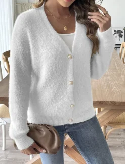 Hot Women's Cardigan Fashion Streetwear Daily Solid Color Ribbed V Neck Knitted Long Sleeve Regular Tops Knit Outdoor Daily Black White Fall Winter Women Cardigans & Outerwears