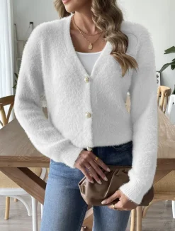 Hot Women's Cardigan Fashion Streetwear Daily Solid Color Ribbed V Neck Knitted Long Sleeve Regular Tops Knit Outdoor Daily Black White Fall Winter Women Cardigans & Outerwears