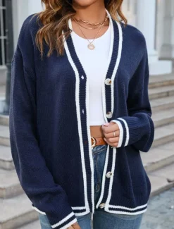 Online Women's Cardigan Fashion Streetwear Daily Color Block Open Front Knitted Long Sleeve Long Tops Knit Work White Navy Blue Fall Winter Women Cardigans & Outerwears