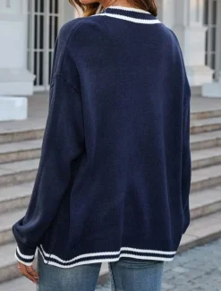 Online Women's Cardigan Fashion Streetwear Daily Color Block Open Front Knitted Long Sleeve Long Tops Knit Work White Navy Blue Fall Winter Women Cardigans & Outerwears