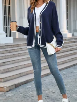 Online Women's Cardigan Fashion Streetwear Daily Color Block Open Front Knitted Long Sleeve Long Tops Knit Work White Navy Blue Fall Winter Women Cardigans & Outerwears