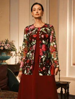 Outlet Women's Cardigan Lace Embroidered Elegant Floral Formal Regular Crewneck Loose Fit Long Sleeve Outerwear Gray Pink Summer Spring Women Blazers & Suits