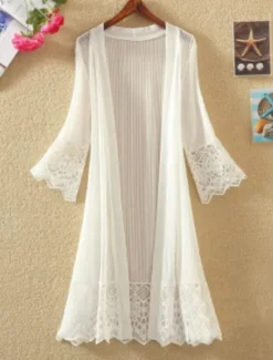 Sale Women's Cardigan Lace Solid Color Basic Casual Lace Long Sleeve Loose Sweater Cardigans Open Front Spring Summer White Black / Holiday Women Cover Up