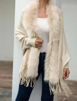 Discount Women's Cardigan Open Front Knit Tassel Fur Fall Winter Formal Outdoor Elegant Fashion Long Sleeve Solid Color Khaki Beige Women Shrugs & Capes|Cardigans & Outerwears