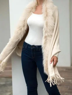 Discount Women's Cardigan Open Front Knit Tassel Fur Fall Winter Formal Outdoor Elegant Fashion Long Sleeve Solid Color Khaki Beige Women Shrugs & Capes|Cardigans & Outerwears