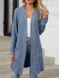 Online Women's Cardigan Open Front Knit Pocket Spring Fall Regular Daily Daily Long Sleeve Solid Color Women Cardigans & Outerwears