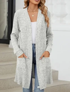 Online Women's Cardigan Open Front Knit Pocket Spring Fall Regular Daily Daily Long Sleeve Solid Color Women Cardigans & Outerwears