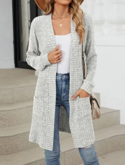 Online Women's Cardigan Open Front Knit Pocket Spring Fall Regular Daily Daily Long Sleeve Solid Color Women Cardigans & Outerwears