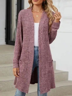 Online Women's Cardigan Open Front Knit Pocket Spring Fall Regular Daily Daily Long Sleeve Solid Color Women Cardigans & Outerwears