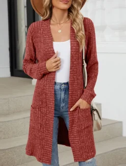 Online Women's Cardigan Open Front Knit Pocket Spring Fall Regular Daily Daily Long Sleeve Solid Color Women Cardigans & Outerwears