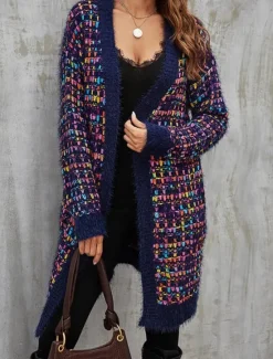 Sale Women's Cardigan Stylish Color Gradient Crochet Open Front Knitted Long Sleeve Long Tops Knit Daily Blue Purple Fall Winter Women Cardigans & Outerwears