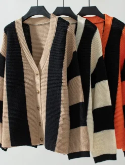 Clearance Women's Cardigan Stylish Work Casual Striped Open Front Knitted Print Long Sleeve Regular Tops Knit Daily Orange Khaki Fall Winter Women Cardigans & Outerwears