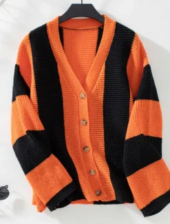 Clearance Women's Cardigan Stylish Work Casual Striped Open Front Knitted Print Long Sleeve Regular Tops Knit Daily Orange Khaki Fall Winter Women Cardigans & Outerwears