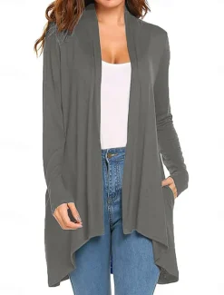 Best Women's Cardigan Sweater Cardigan Stylish Casual Soft Solid Color Ribbed Open Front Pocket Long Sleeve Long Tops Knit Outdoor Daily Weekend Black White Summer Fall Women Cardigans & Outerwears