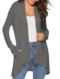 Best Women's Cardigan Sweater Cardigan Stylish Casual Soft Solid Color Ribbed Open Front Pocket Long Sleeve Long Tops Knit Outdoor Daily Weekend Black White Summer Fall Women Cardigans & Outerwears