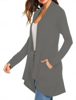 Best Women's Cardigan Sweater Cardigan Stylish Casual Soft Solid Color Ribbed Open Front Pocket Long Sleeve Long Tops Knit Outdoor Daily Weekend Black White Summer Fall Women Cardigans & Outerwears