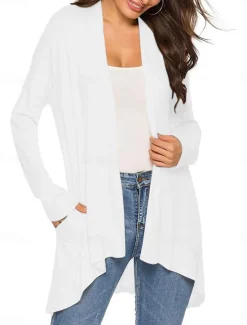 Best Women's Cardigan Sweater Cardigan Stylish Casual Soft Solid Color Ribbed Open Front Pocket Long Sleeve Long Tops Knit Outdoor Daily Weekend Black White Summer Fall Women Cardigans & Outerwears