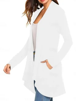Best Women's Cardigan Sweater Cardigan Stylish Casual Soft Solid Color Ribbed Open Front Pocket Long Sleeve Long Tops Knit Outdoor Daily Weekend Black White Summer Fall Women Cardigans & Outerwears