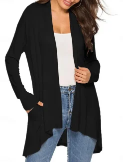 Best Women's Cardigan Sweater Cardigan Stylish Casual Soft Solid Color Ribbed Open Front Pocket Long Sleeve Long Tops Knit Outdoor Daily Weekend Black White Summer Fall Women Cardigans & Outerwears
