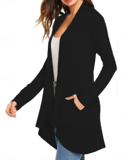 Best Women's Cardigan Sweater Cardigan Stylish Casual Soft Solid Color Ribbed Open Front Pocket Long Sleeve Long Tops Knit Outdoor Daily Weekend Black White Summer Fall Women Cardigans & Outerwears