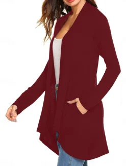 Best Women's Cardigan Sweater Cardigan Stylish Casual Soft Solid Color Ribbed Open Front Pocket Long Sleeve Long Tops Knit Outdoor Daily Weekend Black White Summer Fall Women Cardigans & Outerwears