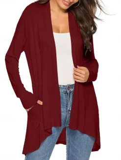 Best Women's Cardigan Sweater Cardigan Stylish Casual Soft Solid Color Ribbed Open Front Pocket Long Sleeve Long Tops Knit Outdoor Daily Weekend Black White Summer Fall Women Cardigans & Outerwears