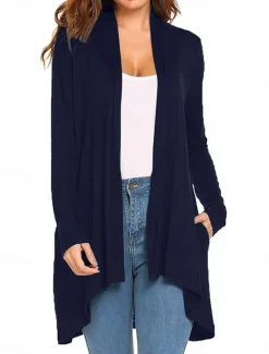 Best Women's Cardigan Sweater Cardigan Stylish Casual Soft Solid Color Ribbed Open Front Pocket Long Sleeve Long Tops Knit Outdoor Daily Weekend Black White Summer Fall Women Cardigans & Outerwears