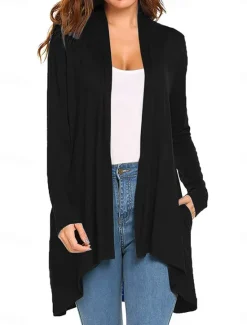 Best Women's Cardigan Sweater Cardigan Stylish Casual Soft Solid Color Ribbed Open Front Pocket Long Sleeve Long Tops Knit Outdoor Daily Weekend Black White Summer Fall Women Cardigans & Outerwears