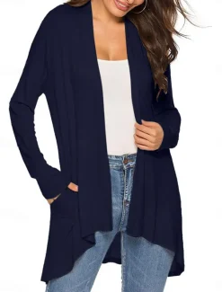 Best Women's Cardigan Sweater Cardigan Stylish Casual Soft Solid Color Ribbed Open Front Pocket Long Sleeve Long Tops Knit Outdoor Daily Weekend Black White Summer Fall Women Cardigans & Outerwears