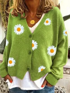 Women's Cardigan Sweater Elegant Stylish Casual Daisy Maillard Ribbed Open Front Patchwork Embroidery Long Sleeve Regular Tops Knit Daily Black Yellow Winter Women Cardigans & Outerwears