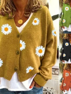 Women's Cardigan Sweater Elegant Stylish Casual Daisy Maillard Ribbed Open Front Patchwork Embroidery Long Sleeve Regular Tops Knit Daily Black Yellow Winter Women Cardigans & Outerwears