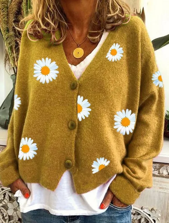 Women's Cardigan Sweater Elegant Stylish Casual Daisy Maillard Ribbed Open Front Patchwork Embroidery Long Sleeve Regular Tops Knit Daily Black Yellow Winter Women Cardigans & Outerwears