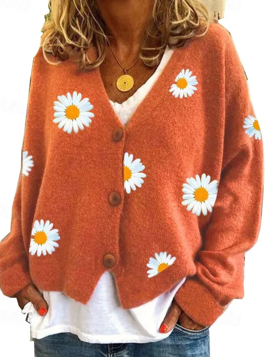Women's Cardigan Sweater Elegant Stylish Casual Daisy Maillard Ribbed Open Front Patchwork Embroidery Long Sleeve Regular Tops Knit Daily Black Yellow Winter Women Cardigans & Outerwears