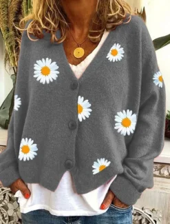 Women's Cardigan Sweater Elegant Stylish Casual Daisy Maillard Ribbed Open Front Patchwork Embroidery Long Sleeve Regular Tops Knit Daily Black Yellow Winter Women Cardigans & Outerwears