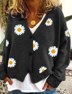 Women's Cardigan Sweater Elegant Stylish Casual Daisy Maillard Ribbed Open Front Patchwork Embroidery Long Sleeve Regular Tops Knit Daily Black Yellow Winter Women Cardigans & Outerwears