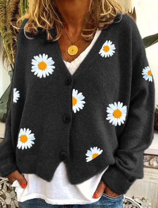 Women's Cardigan Sweater Elegant Stylish Casual Daisy Maillard Ribbed Open Front Patchwork Embroidery Long Sleeve Regular Tops Knit Daily Black Yellow Winter Women Cardigans & Outerwears