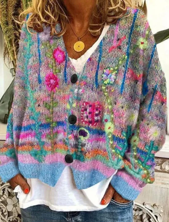 Outlet Women's Cardigan Sweater Knitted Ribbed Button Front V Neck Long Sleeve Lightweight Elegant Fashion Streetwear Floral Graphic Geometric Patchwork Buttons Knit Outdoor Daily Weekend Fall Winter Women Cardigans & Outerwears|Pullovers & Tops