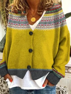Hot Women's Cardigan Sweater Knitted Ribbed Button Front V Neck Long Sleeve Lightweight Elegant Streetwear Graphic Geometric Buttons Print Tops Knit Outdoor Daily Weekend Yellow Navy Blue Fall Winter Women Cardigans & Outerwears|Pullovers & Tops