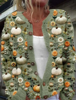 Outlet Women's Cardigan Sweater Knitted Ribbed Button Front Round Neck Long Sleeve Lightweight Elegant Vintage Fashion Floral Crew Neck Print Regular Tops Knit Outdoor Daily Weekend Purple Green Fall Winter Women Cardigans & Outerwears