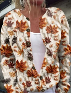 Outlet Women's Cardigan Sweater Knitted Ribbed Button Front Round Neck Long Sleeve Lightweight Elegant Vintage Fashion Floral Crew Neck Print Regular Tops Knit Outdoor Daily Weekend Purple Green Fall Winter Women Cardigans & Outerwears